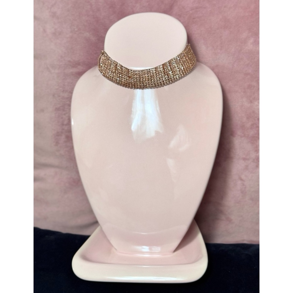 Rose Gold Pink Rhinestone Choker Necklace Statement Sparkly Glam Multi Row